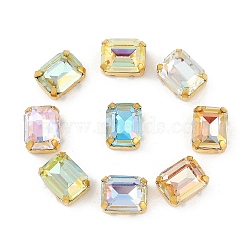 Brass Glass Rhinestone Sew on Rhinestones, Rectangle, Faceted, Mixed Color, Golden, 10.5x8x6mm, Hole: 0.8mm(RGLA-U001-08G-02)