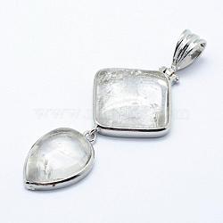 Natural Quartz Crystal Big Pendants, Rock Crystal, with Brass Findings, Platinum, Teardrop & Rhombus, 53x25x7mm, Hole: 6x9.5mm(G-L468-06)