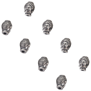 304 Stainless Steel Beads, Ion Plating (IP), Buddha's Head, Antique Silver, 10x13x9mm, Hole: 3mm, 6pcs/box