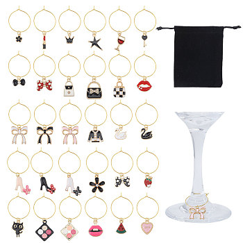 30Pcs 30 Styles Cosmetics Alloy Enamel Wine Glass Charms, with Brass Rings, Mixed Shapes, Mixed Color, 40~55mm, 1pc/style