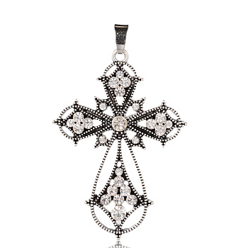Alloy Latin Cross Clenched Large Gothic Big Pendants, with Rhinestone, Antique Silver, 53x37x4mm, Hole: 4x7mm