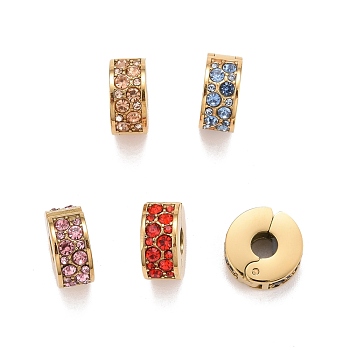 304 Stainless Steel European Clasps, with Rhinestone, Large Hole Beads, Golden, Flat Round, Mixed Color, 10.5x11x5mm, Hole: 3.5mm