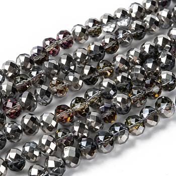 Electroplate Glass Faceted Rondelle Beads Strands, Half Silver Plated, Light Grey, 10x8mm, Hole: 1mm, about 63~65pcs/strand, 19.2~20 inch(48~50cm)