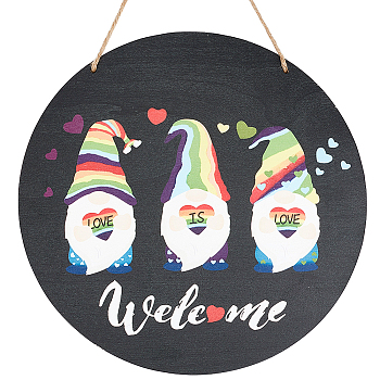 Wood Hanging Wall Decorations, with Jute Twine, Flat Round with Word Welcome & Gnome Pattern, Black, 428mm