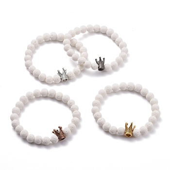 Dyed Natural Lava Rock(Dyed) Round Beads Essential Oil Anxiety Aromatherapy Stretch Bracelet, Crown Alloy Bead Bracelet for Girl Women, White, Mixed Color, Inner Diameter: 2-1/4 inch(5.6cm)