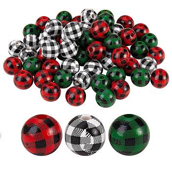 105Pcs 3 Colors Natural Wooden Beads, Plaid Beads, Tartan Pattern, Dyed, Round, Mixed Color, 16mm, 35pcs/color