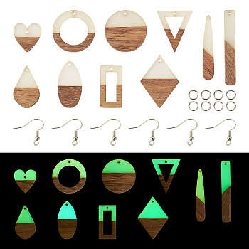 DIY Geometry Earring Making Kit, Including Wood & Resin Pendant, Iron Jump Rings & Earring Hooks, Teardrop & Rectangle & Rhombus & Heart, Mixed Color, 70Pcs/box