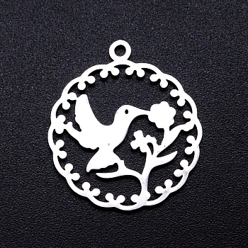 201 Stainless Steel Pendants, Filigree Joiners Findings, Laser Cut, Flower with Hummingbird, Stainless Steel Color, 22.5x20x1mm, Hole: 1.4mm