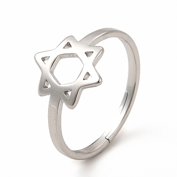 304 Stainless Steel Star of David Adjustable Ring for Women, Stainless Steel Color, US Size 6(16.5mm)