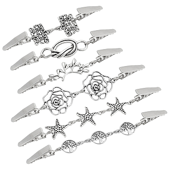 WADORN 6Pcs 6 Styles Branch/Starfish/Flower Vintage Alloy & Iron Cardigan Clips, Sweater Collar Clips, Platinum, 85~130mm, 1pc/style