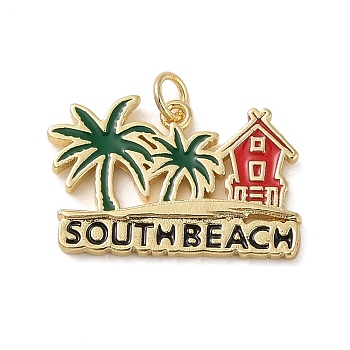 Rack Plating Brass Enamel Pendants, with Jump Ring, Long-Lasting Plated, Cadmium Free & Lead Free, Real 18K Gold Plated, Word South Beach, Coconut Tree, 16x24.5x2mm, Hole: 3.5mm