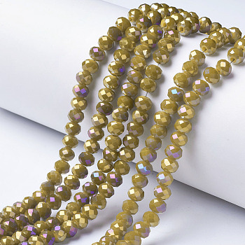 Electroplate Opaque Glass Beads Strands, Full Rainbow Plated, Faceted, Rondelle, Gold, 4x3mm, Hole: 0.4mm, about 123~127pcs/strand, 16.5~16.9 inch(42~43cm)