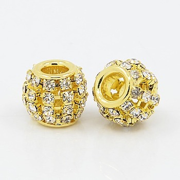 Brass Rhinestone European Beads, Large Hole Beads, Rondelle, Golden Metal Color, Crystal, 12x10mm, Hole: 4mm