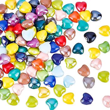 100Pcs Pearlized Handmade Porcelain Beads, Heart, Mixed Color, 10x10x7mm, Hole: 1.8mm