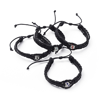 Unisex Adjustable Cord Bracelets, with Cowhide Cord, Waxed Cotton Cord, PU Leather Cord and Antique Silver Plated Alloy Rhinestone European Beads, Mixed Color, 2-1/8 inch~3-3/8 inch(5.5~8.5cm)