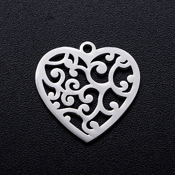 201 Stainless Steel Pendants, Heart with Cirrus, Stainless Steel Color, 15.5x15.5x1mm, Hole: 1.2mm