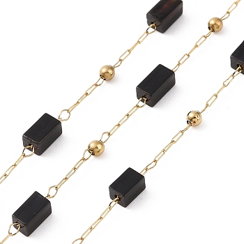 Natural Black Agate Rectangle Beaded Chains, with Golden 304 Stainless Steel Findings, Unwelded, 4~4.5x2~2.5x2~2.5mm, about 3.28 Feet(1m)/Box