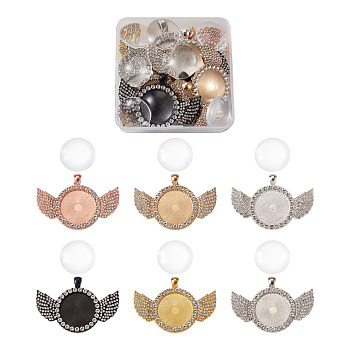 DIY Pendant Making Kits, with Transparent Glass Cabochons and Alloy Crystal Rhinestone Pendant Cabochon Setting, Flat Round with Wing, Mixed Color, Setting: 41x60x3mm, Hole: 3.5x5.5mm, 12pcs/set