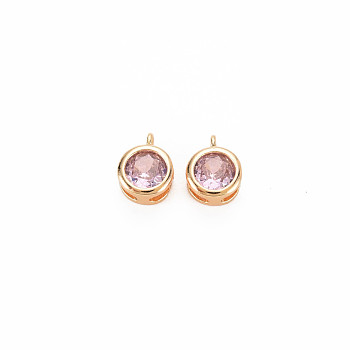 Brass Charms, with Rhinestone, Nickel Free, Flat Round, Real 18K Gold Plated, Violet, 7x5x3mm, Hole: 1mm