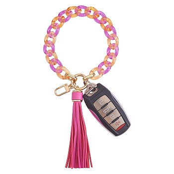 Chain Link Wristlet Keychain, Acrylic Bracelet Tassel Keychain, with Alloy Findings, Cerise, 28cm