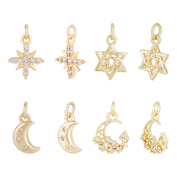8Pcs 4 Style Brass Micro Pave Cubic Zirconia Charms, with Jump Ring, Star & Moon Charm, Real 18K Gold Plated, 12.5~15x7~11.5x2~3mm, Hole: 3.2mm, 2pcs/style