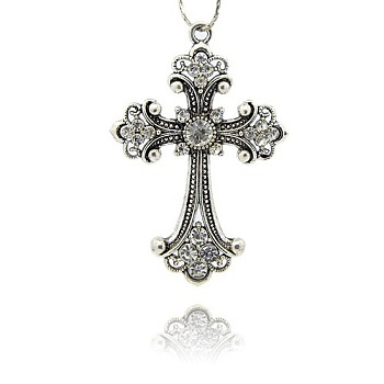 Alloy Rhinestone Cross Big Pendants, Antique Silver Meatl Color, Crystal, 75x50x6mm, Hole: 4.5mm