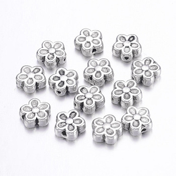 Tibetan Style Alloy 3D Flower Beads, Cadmium Free & Nickel Free & Lead Free, Antique Silver, 7x3.5mm, Hole: 1mm