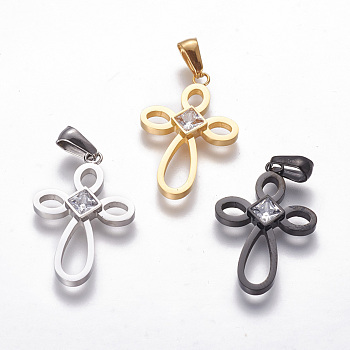 304 Stainless Steel Pendants, with Rhinestone, Cross, Crystal, Mixed Color, 29x18x2mm, Hole: 3x6mm