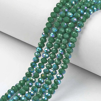 Electroplate Opaque Solid Color Glass Beads Strands, Half Rainbow Plated, Faceted, Rondelle, Green, 6x5mm, Hole: 1mm, about 85~88pcs/strand, 16.1~16.5 inch(41~42cm)