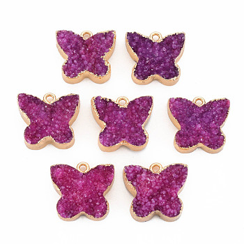 Natural Druzy Agate Pendants, with Light Gold Plated Iron Findings, Butterfly, Medium Violet Red, 17~18x18~19x5~6.5mm, Hole: 1.6mm