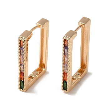 Brass with Colorful Glass Hoop Earrings, Rectangle, Light Gold, 27.5x17.5x3.5mm