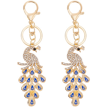 Enamel Evil Eye Peacock Pendant Keychain, with Crystal & Jet Rhinestone and Zinc Alloy Findings, Light Gold, 52mm