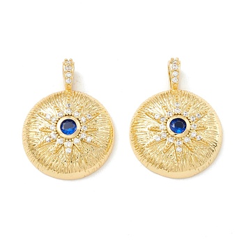 Rack Plating Brass Micro Pave Clear & Marine Blue Cubic Zirconia Pendants, Cadmium Free & Nickel Free & Lead Free, Long-Lasting Plated, Flat Round with Sun, Real 18K Gold Plated, 21x16x5mm, Hole: 4x2.5mm