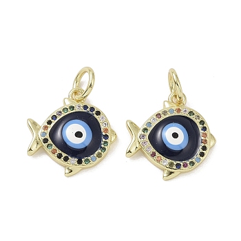Real 18K Gold Plated Brass Micro Pave Cubic Zirconia Pendants, with Enamel and Jump Ring, Evil Eye Charms, Fish, 16x15x3mm, Hole: 4mm