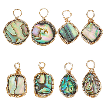 8Pcs 4 Styles Natural Abalone Shell/Paua Shell Pendants, with Eco-Friendly Copper Wire Wrapped, Teardrop & Flat Round & Rectangle & Square, Real 18K Gold Plated, 16~19x9.5~15x3~3.5mm, Hole: 1.6~3mm, 2pcs/style