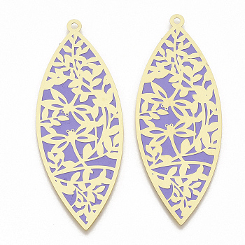 Brass Enamel Big Pendants, Etched Metal Embellishments, Matte Gold Color, teardrop, with Dragonfly and Leaf, Lilac, 67x26x0.3mm, Hole: 2mm