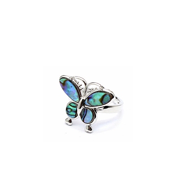 Natural Paua Shell Adjustable Ring, Platinum Alloy Ring, Butterfly, 15x19mm