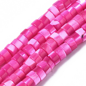 Natural Trochus Shell Beads Strands, Dyed, Flat Round/Disc, Heishi Beads, Fuchsia, 4x2mm, Hole: 0.8mm, about 154~160pcs/strand, 14.96~15.75 inch(38~40cm)