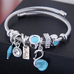 Adjustable Stainless Steel European Bangles, Charm Bangles for Women, Swan Charm, with Alloy & Rhinestone & Resin & Enamel, Light Sky Blue, Inner Diameter: 2-1/8 inch(5.5cm)(FS-WG2FA3F-03)