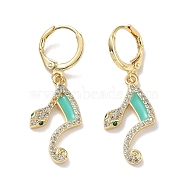 Real 18K Gold Plated Brass Dangle Leverback Earrings, with Enamel and Cubic Zirconia, Musical Note, 37x12.5mm(EJEW-L269-010G-02)