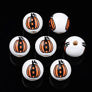 Autumn Theme Printed Natural Wood Beads, Round with Pumpkin, Coral, 15.5x14.5mm, Hole: 4mm(WOOD-S057-081)