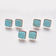 Synthetic Turquoise Stud Earrings, with Brass Findings, Real Rose Gold Plated, Square, 12x12x4.5~6mm, Pin: 1mm(EJEW-F139-A04)