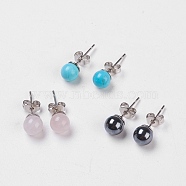 Natural & Synthetic Mixed Stone Stud Earrings, with Brass Findings, Round, 6.5mm, 0.7mm(EJEW-JE02754-M)