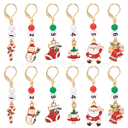 Christmas Theme Alloy Enamel with Rhinestone Pendant Stitch Markers, with Acrylic Beads, Crochet Leverback Hoop Charms, Locking Stitch Marker with Wine Glass Charm Ring, Mixed Color, 5~5.5cm, 6 style, 2pcs/style, 12pcs/set(HJEW-AB00351)