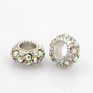 Platinum Plated Alloy Grade A Rhinestone European Beads, Large Hole Beads, Rondelle, Crystal AB, 11x6mm, Hole: 5mm(CPDL-J022-11x6mm-28P)