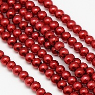 Eco-Friendly Dyed Glass Pearl Round Bead Strands, Cotton Cord Threaded, Red, 4~4.5mm, Hole: 0.7~1.1mm, about 104pcs/strand, 15 inch(X-HY-A002-4mm-RB038)