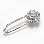 Brass Micro Pave Cubic Zirconia Safety Brooch, Flower, Clear, Platinum, 57x21mm, Pin: 1.5mm(JEWB-I010-01P)