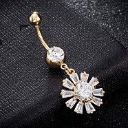 Brass Cubic Zirconia Navel Ring, Belly Rings, with 304 Stainless Steel Bar, Cadmium Free & Lead Free, Real 18K Gold Plated, Daisy, Clear, 45x17mm, Bar: 15 Gauge(1.5mm), Bar Length: 3/8"(10mm)(AJEW-EE0004-21A)