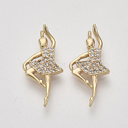 Brass Micro Pave Cubic Zirconia Pendants, Ballet Dancer, Clear, Nickel Free, Real 18K Gold Plated, 22x10x3mm, Hole: 0.9mm(X-ZIRC-S064-016)