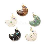 Natural Mixed Stone Copper Wire Wrapped Pendants, with Electroplate Non-magnetic Star Synthetic Hematite, Golden, Moon, 41~43x35x11mm, Hole: 3~3.5mm(PALLOY-JF01639)